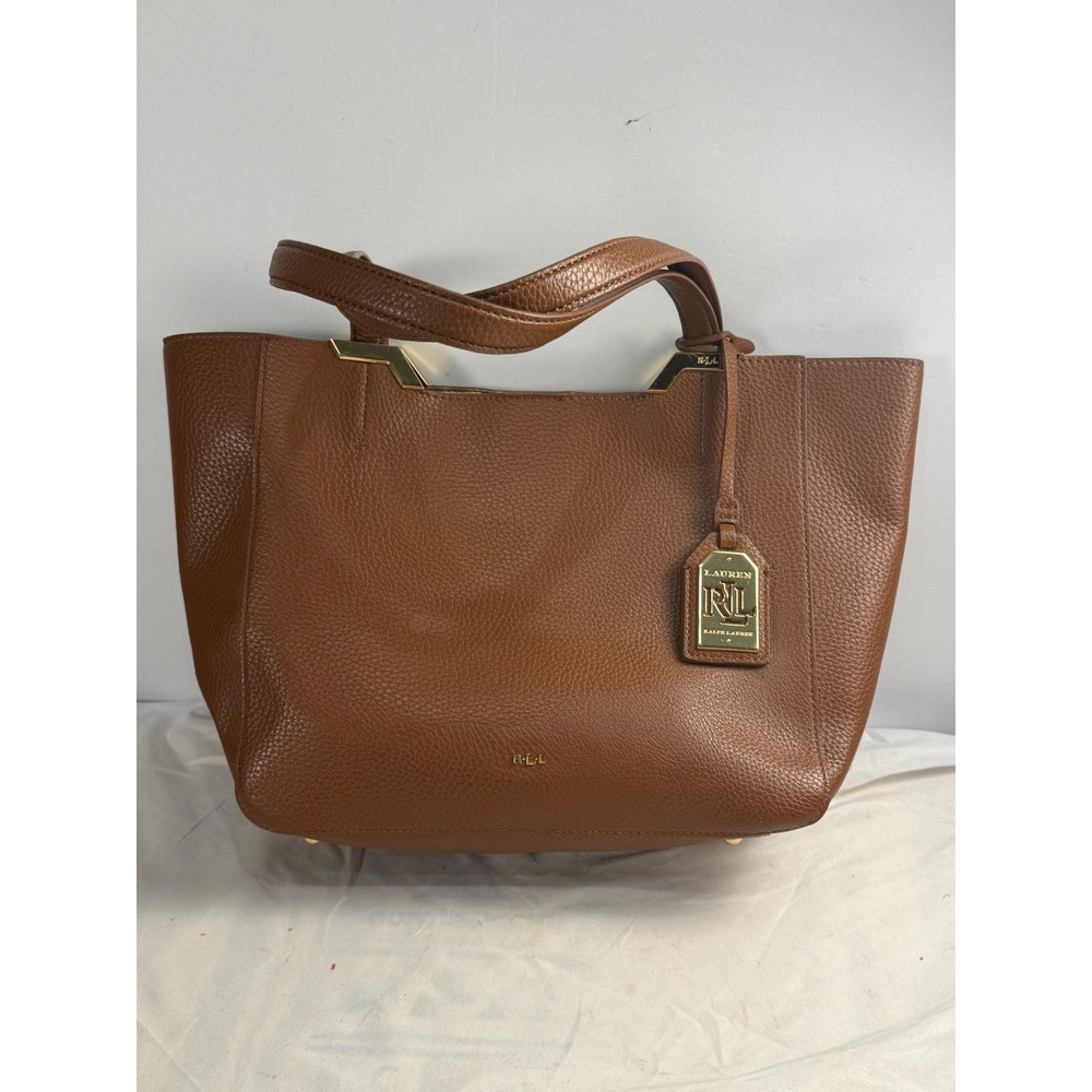Lauren Ralph Lauren Cognac Brown Pebbled Leather Tote Bag Gold Hardware